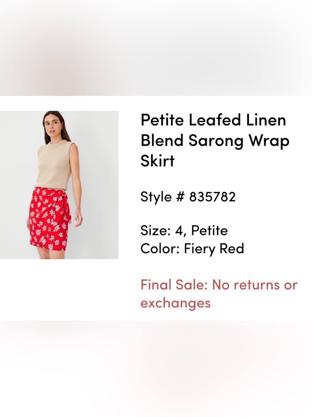 Ann Taylor 4P Petite Leafed Linen Blend Sarong Skirt - Fiery Red